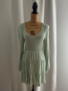 Altar'd State Sage Green Long Sleeve Smocked Waist Tiered Dress